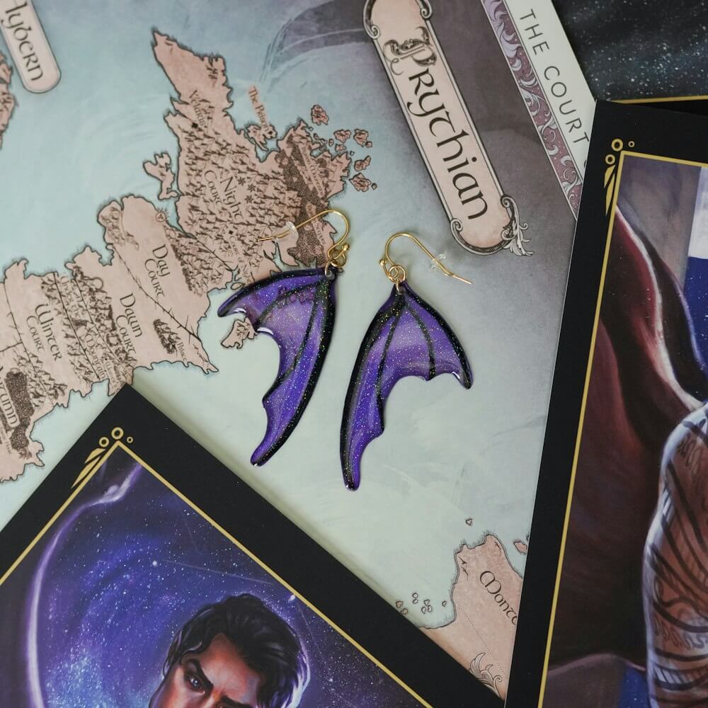 Sarah J Maas x LitJoy purple and black ACOTAR Bat Boy Earrings for Books Like ACOTAR blog