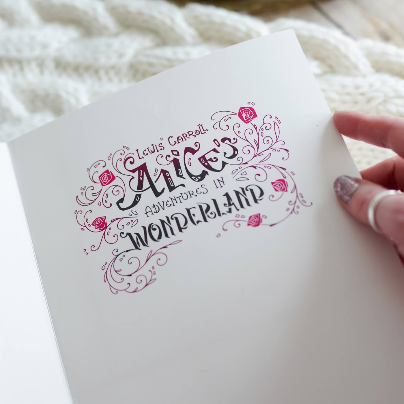 Lewis Caroll's Alice's Adventures in Wonderland artistic title page created by @rosiethorns88 for LitJoy