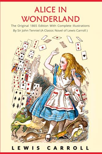 Book cover of Alice's Adventures in Wonderland with animals at her feet and playing cards framing her body