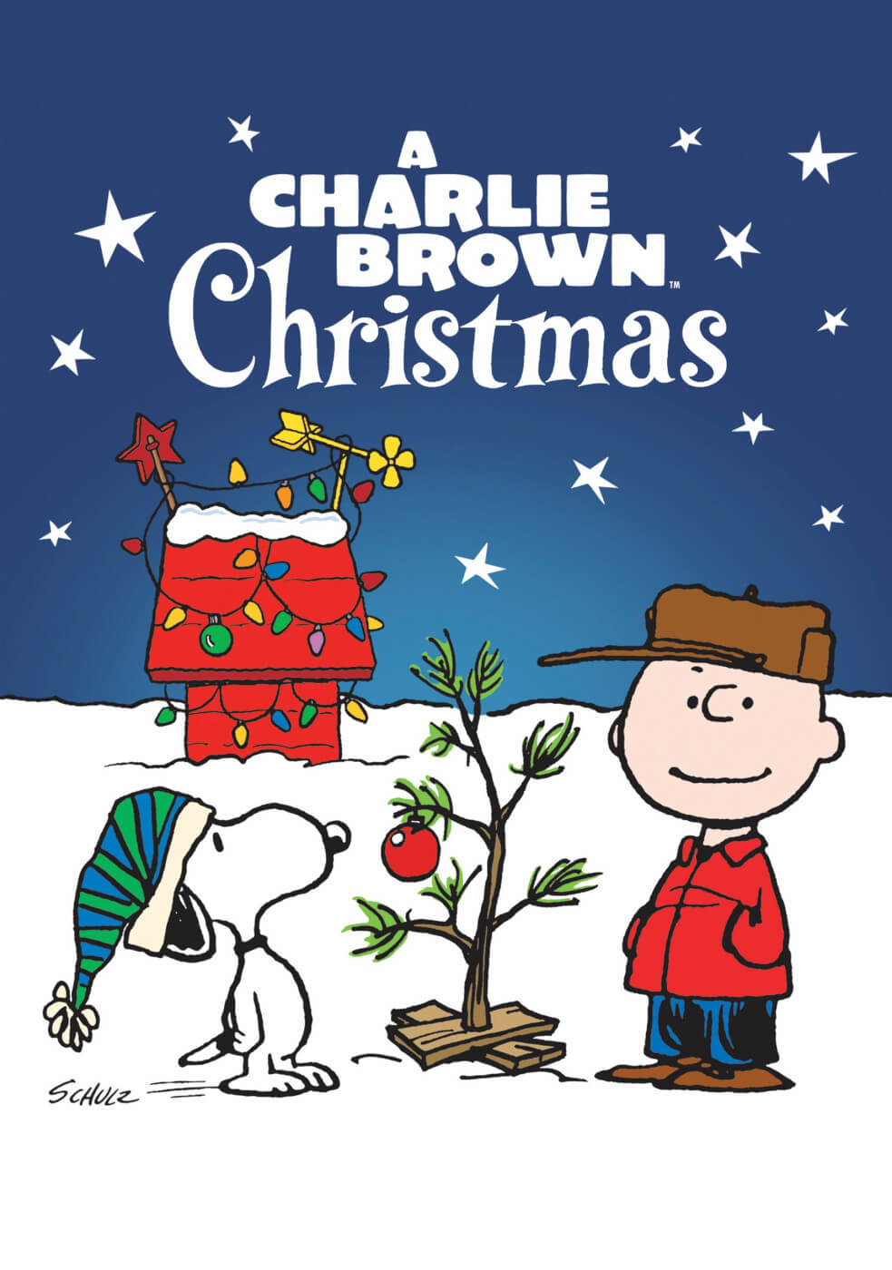 Charlie Brown and Snoopy with the Charlie Brown Christmas tree representing the Charlie Brown Christmas special