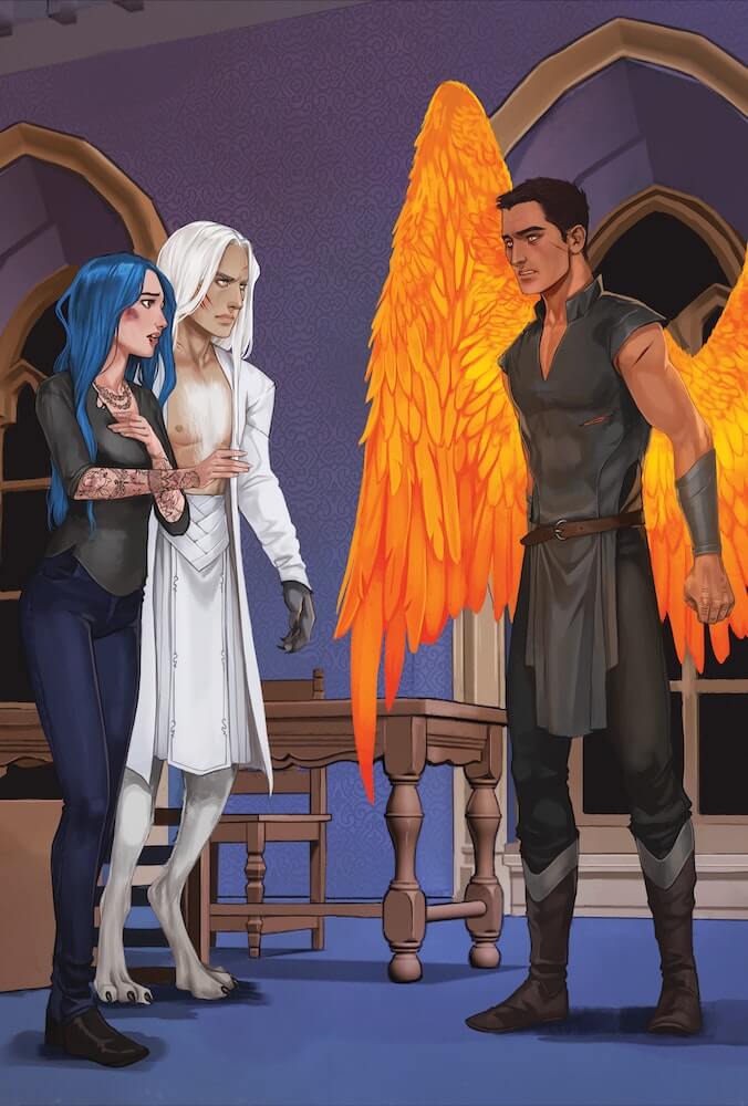 Akiva seeing Karou and Ziri as the White Wolf standing together in DOSAB fan art tip-in from book 2