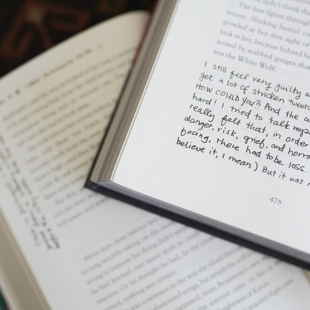 Handwritten annotations by Laini Taylor in LitJoy's DOSAB Special Edition 