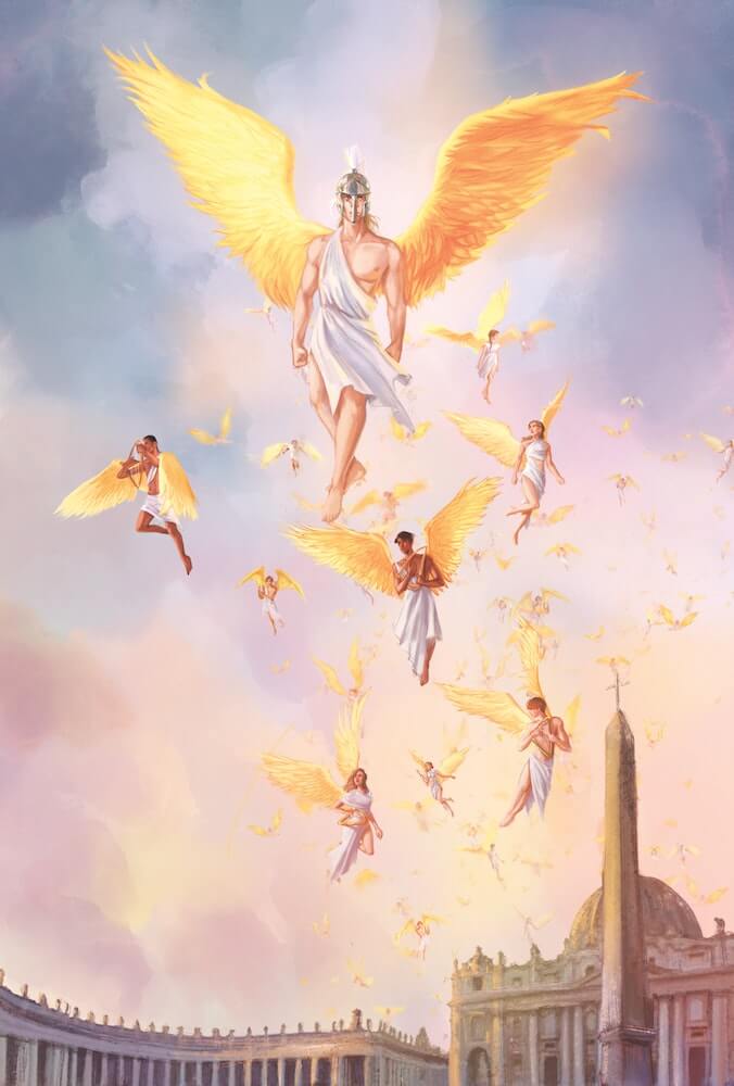 Jael and 1,000 angesl descending upon Vatican City in Dreams of Gods and Monsters fan art tip-in from DOSAB special edition box set sold by LitJoy Crate