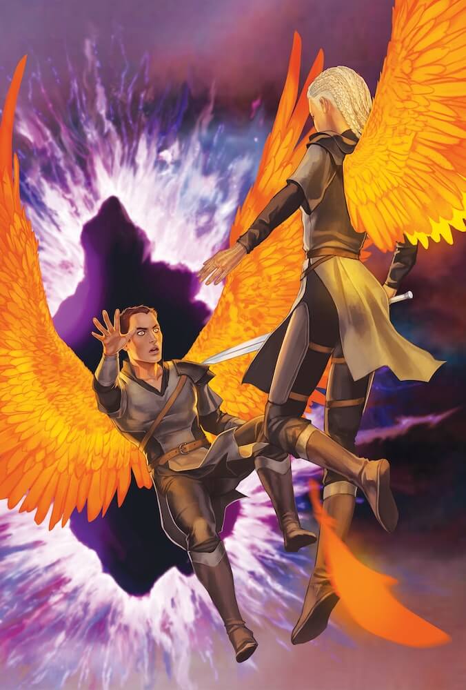 Liraz kicks Akiva through the portal tip-in fan art from book 3 of DOSAB box set sold by LitJoy Crate