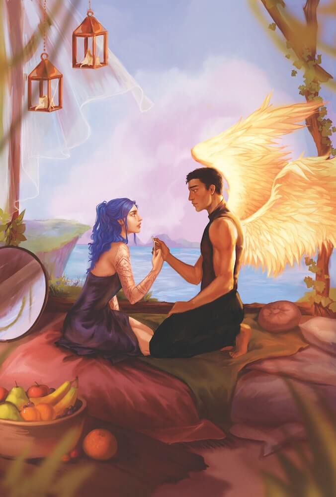 Karou and Akiva in Akiva's home get ready to pull the wishbone in book 3 of DOSAB box set