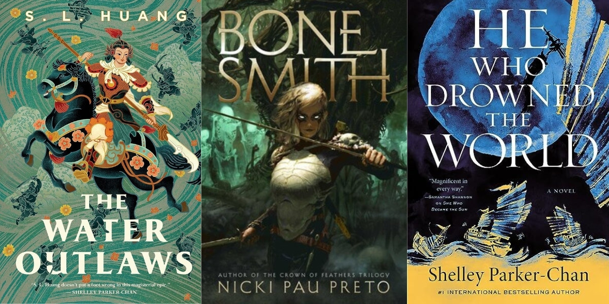 Book cover images of The Water Outlaws, Bonesmith, and He Who Drowned the World