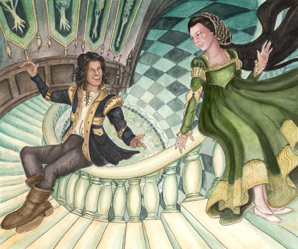 Ella Enchanted fan art depicting Ella and Char slide down a banister