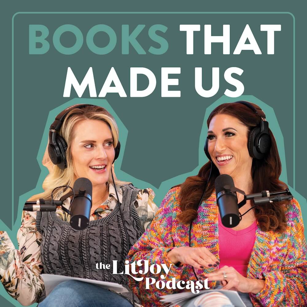 Alix and Kelly in headphone and in front of mics for the podcast with episode 1 title: Books That Made Us above their heads