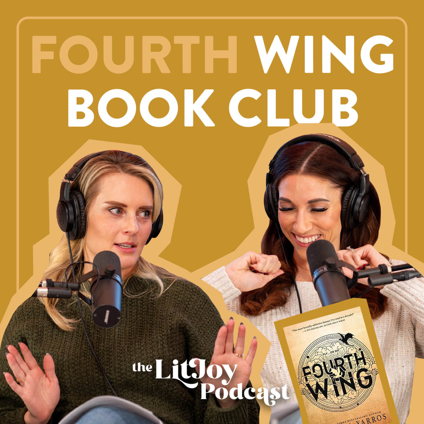 Alix on left with hands up; Kelly on right really excited in front of a yellow background - The LitJoy Podcast