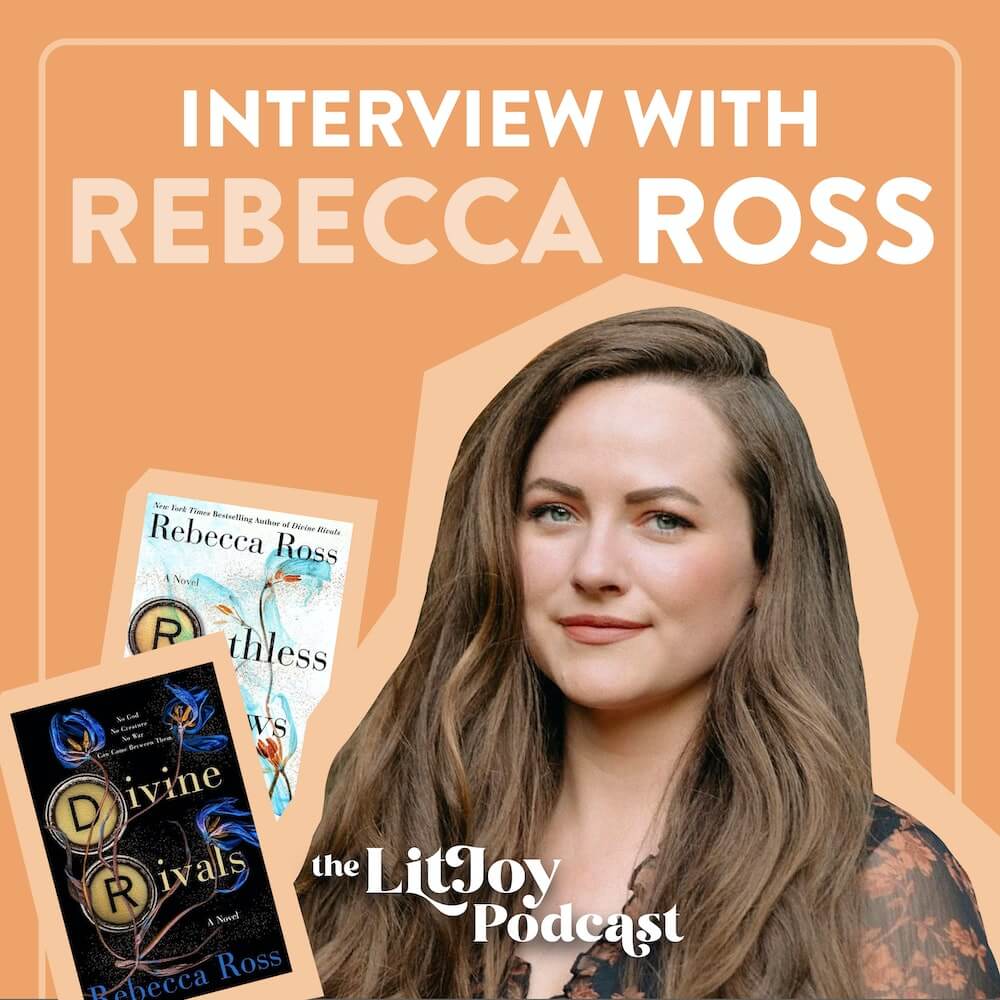 Author Rebecca Ross on the right in front of an orange background