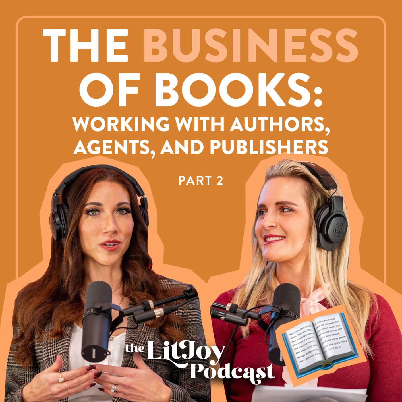 Kelly and Alix with podcast gear and the episode title above their heads