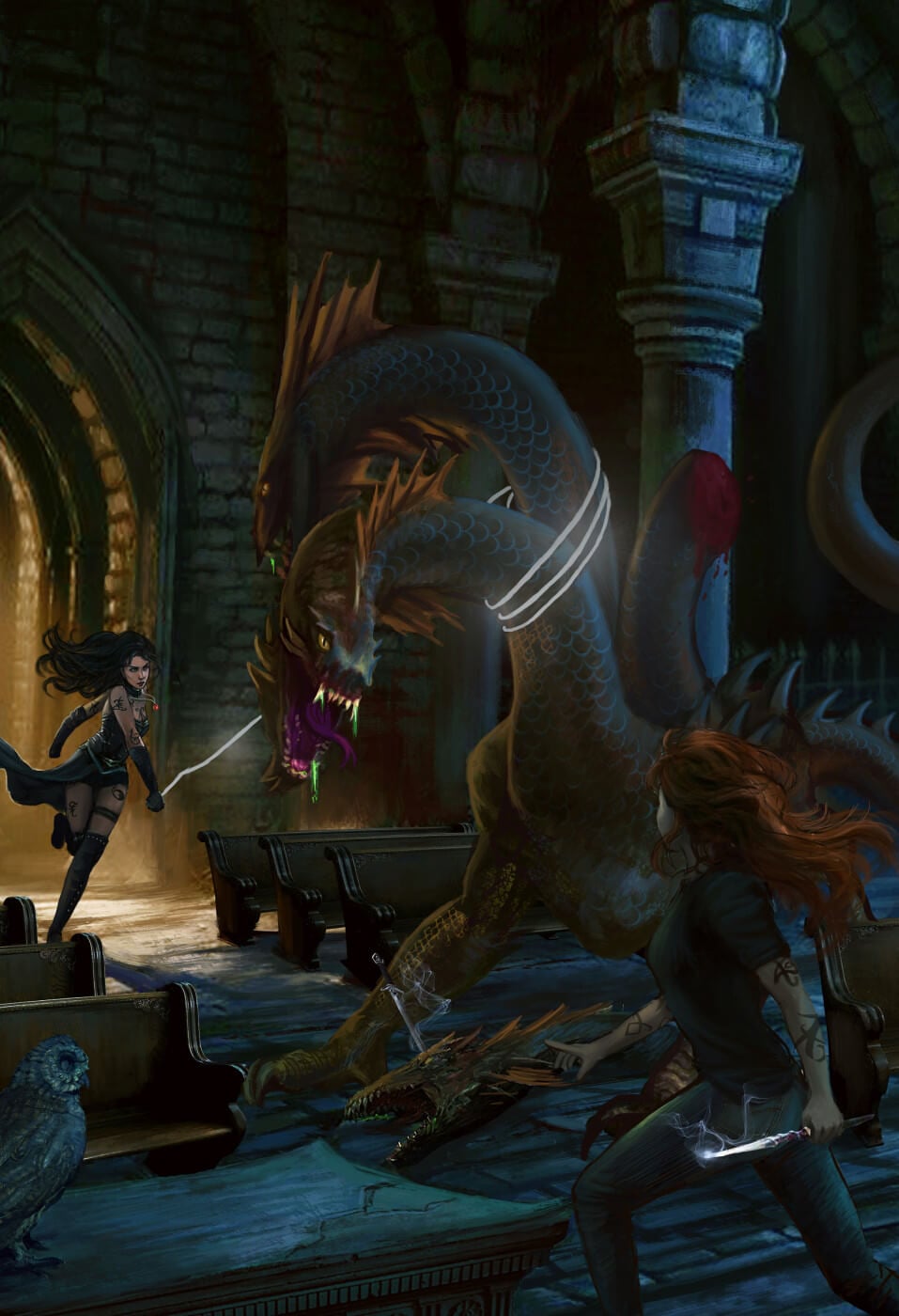 Izzy Lightwood fighting a 3-headed monster; one head it cut off - The Mortal Instruments fan art