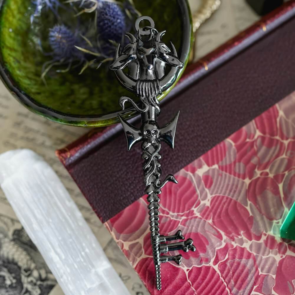 Hades Greek Mythology Key made of zinc alloy with black nickel plating including symbols of the god of the underworld.
