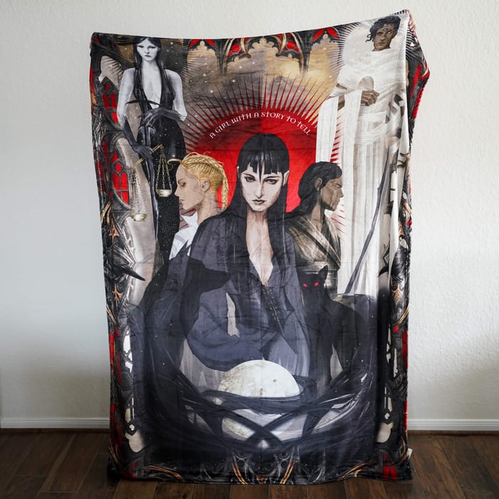 Nevernight Blanket is a flannel fleece blanket with fan art from Jay Kristoff's Nevernight with Mia, Tric, and Mister Kindly