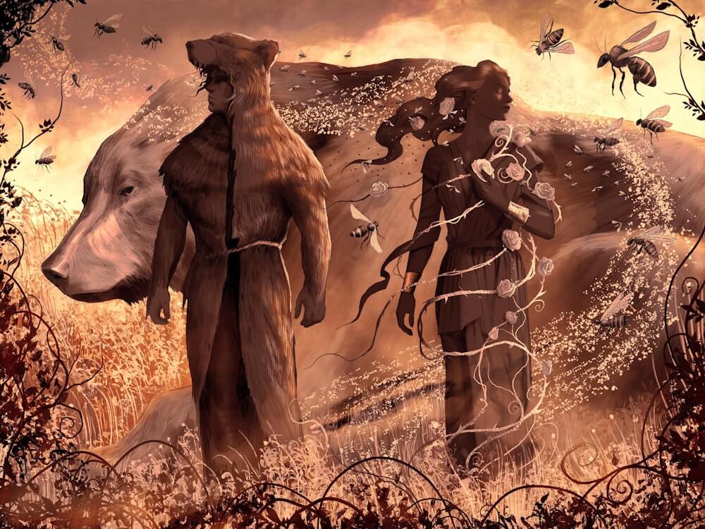 Grishaverse fanart King of Scars endpaper featuring Saint Lisavetta of the Roses and Grigori