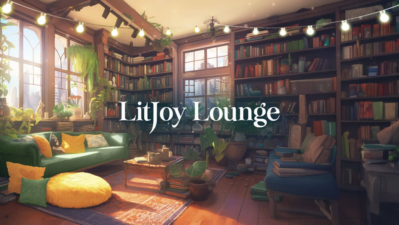Background is a lounge room with walls lined with full bookshelves, lots of comfy seating, natural lighting, and fairy lights with the words "LitJoy Lounge" centered