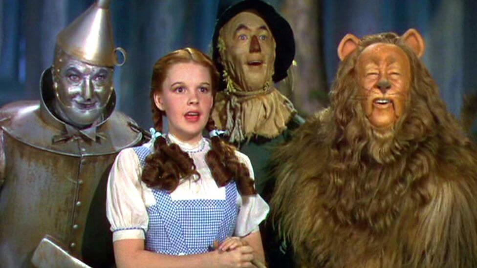 the Tin Man, Dorothy, Scarecrow, and Cowardly Lion from the 1939 Wizard of Oz