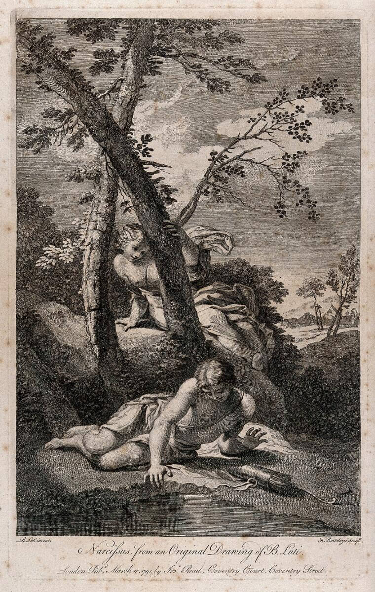 Narcissus looking at his reflection as Echo gazes at him