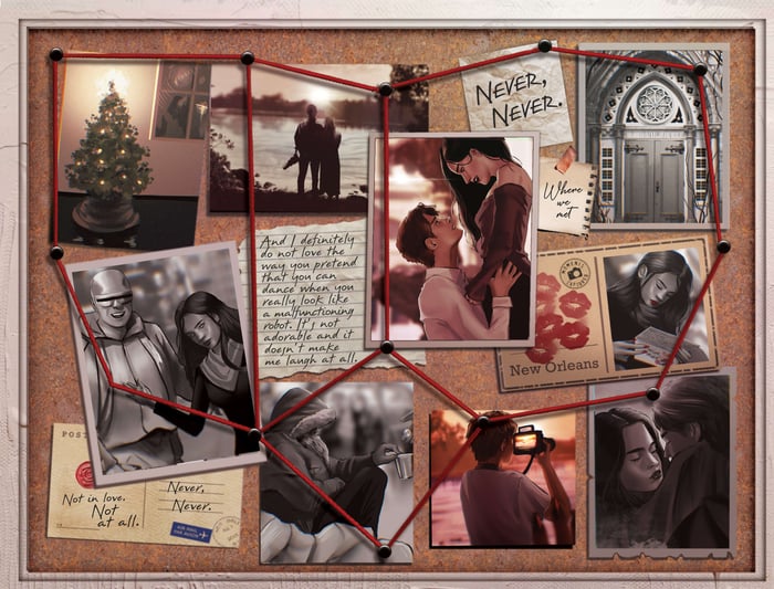 Never Never LitJoy Edition back endpaper art featuring notes and pictures mapping Silas and Charlie's forgotten relationship