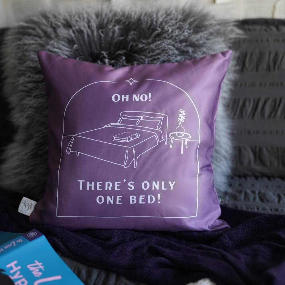 Purple Only One Bed Trope Pillowcase with an image of a bed and the quote: "Oh no! There's only one bed!"