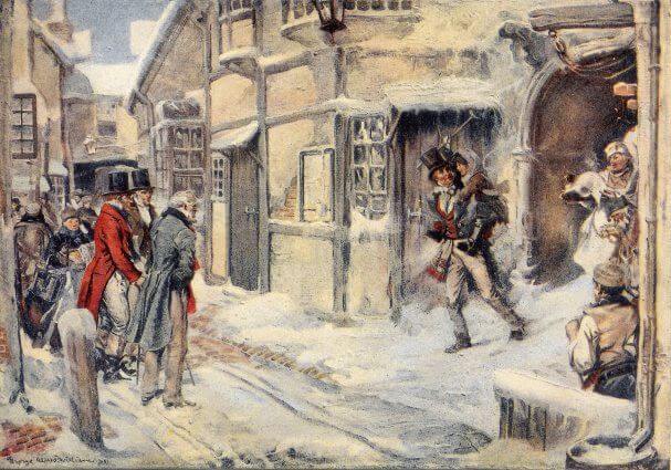 original art from Dickens' A Christmas Carol: a wintery scene