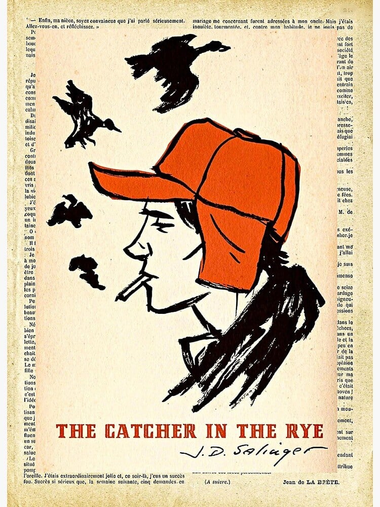 Holden Caulfield with his red hat on and smoking a pipe with birds coming out