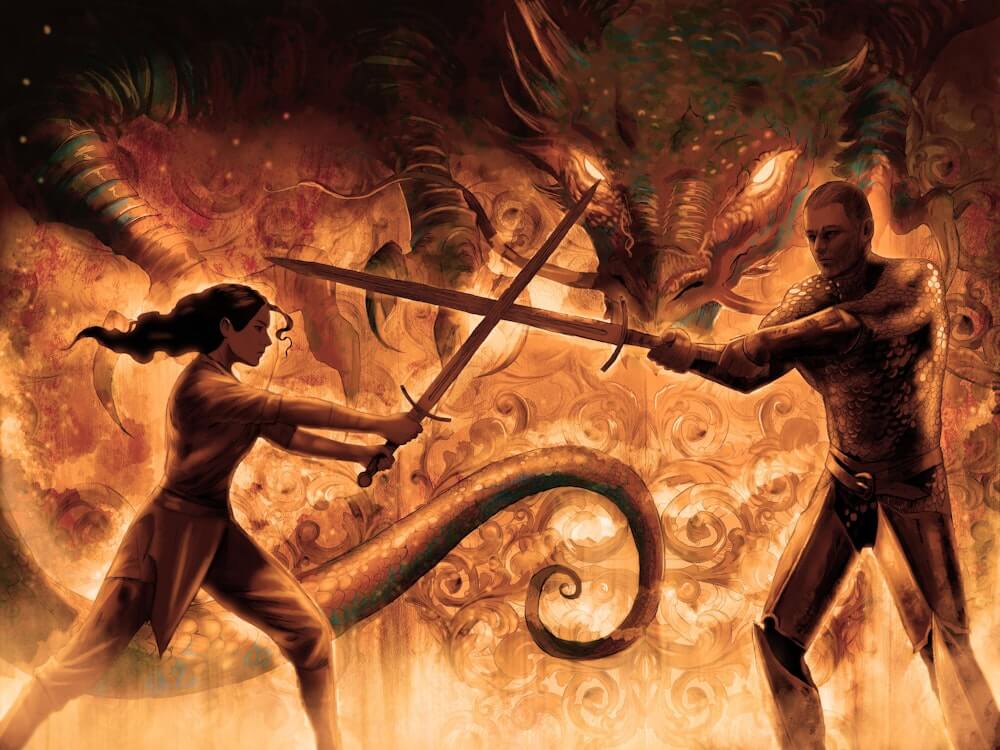 Grishaverse fanart depicting Zoya an Juris in human form in the foreground and a dragon in the background 