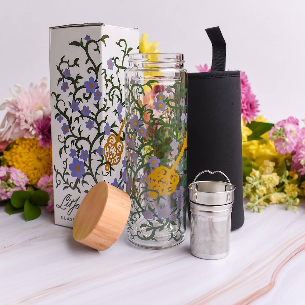 The Secret Garden Glass Water Bottle and tea steeper/fruit infuser