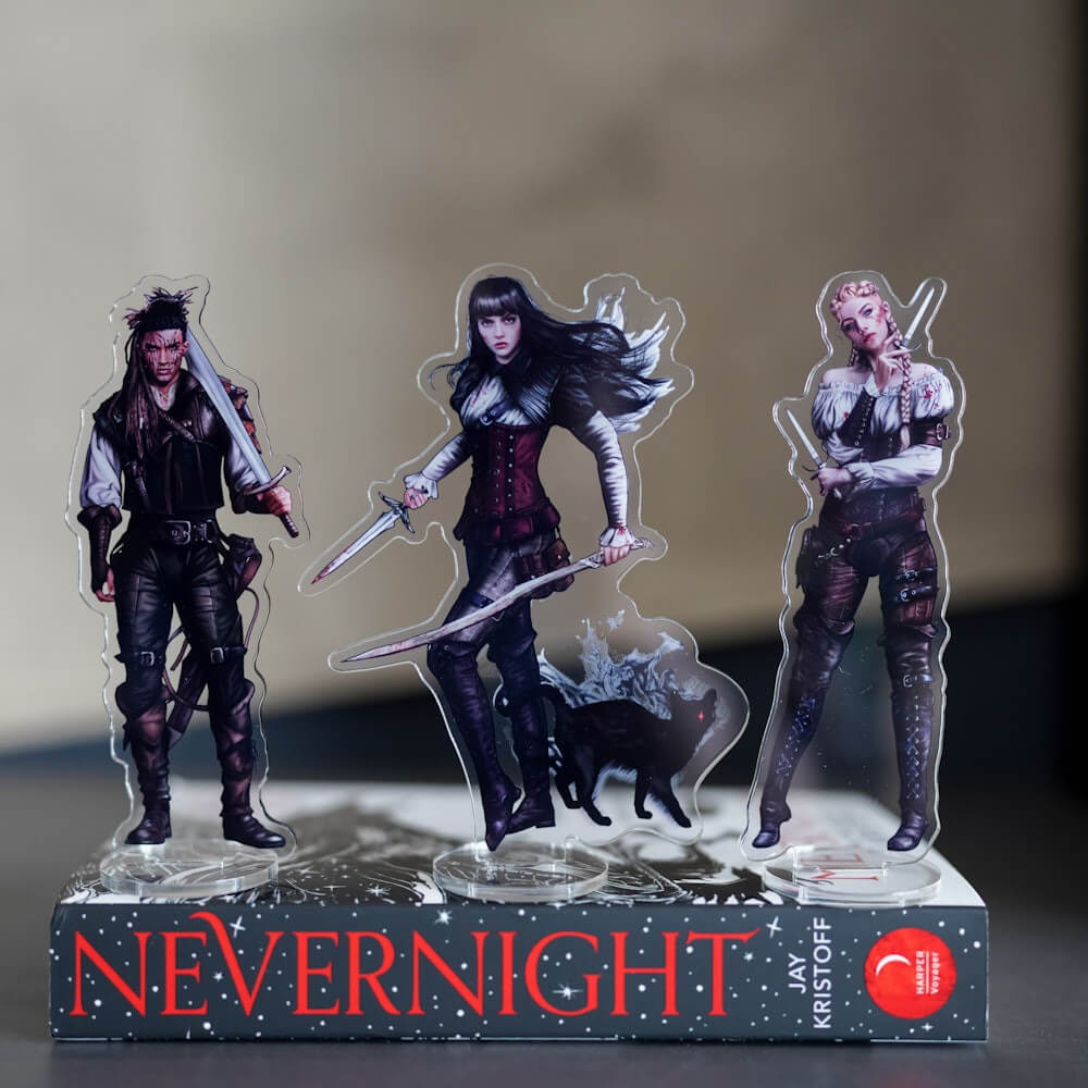 Tric, Mia, Mister Kindly, and Ashlinn from Jay Kristoff's Nevernight Chronicle standees designed by @gonzalom.art