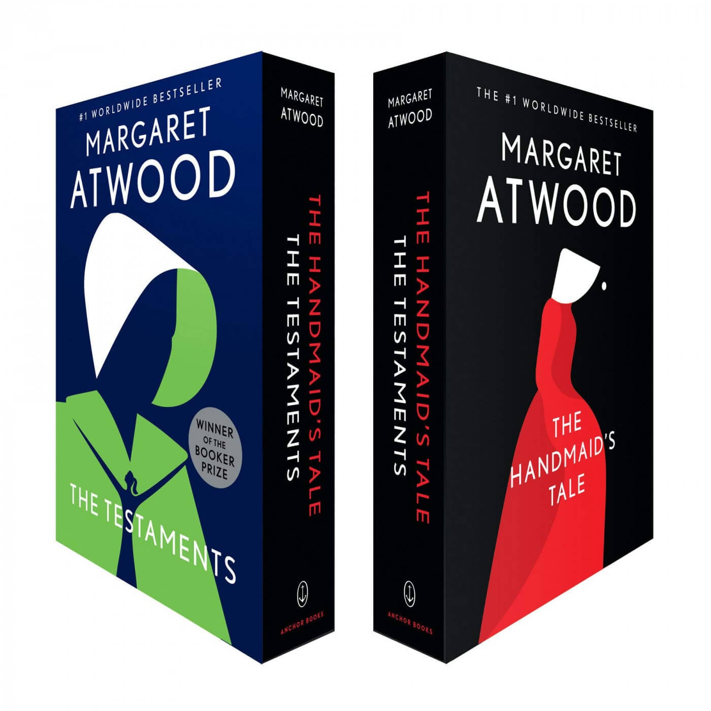 Covers of Margaret Atwood's The Handmaid's Tale and its sequel The Testaments