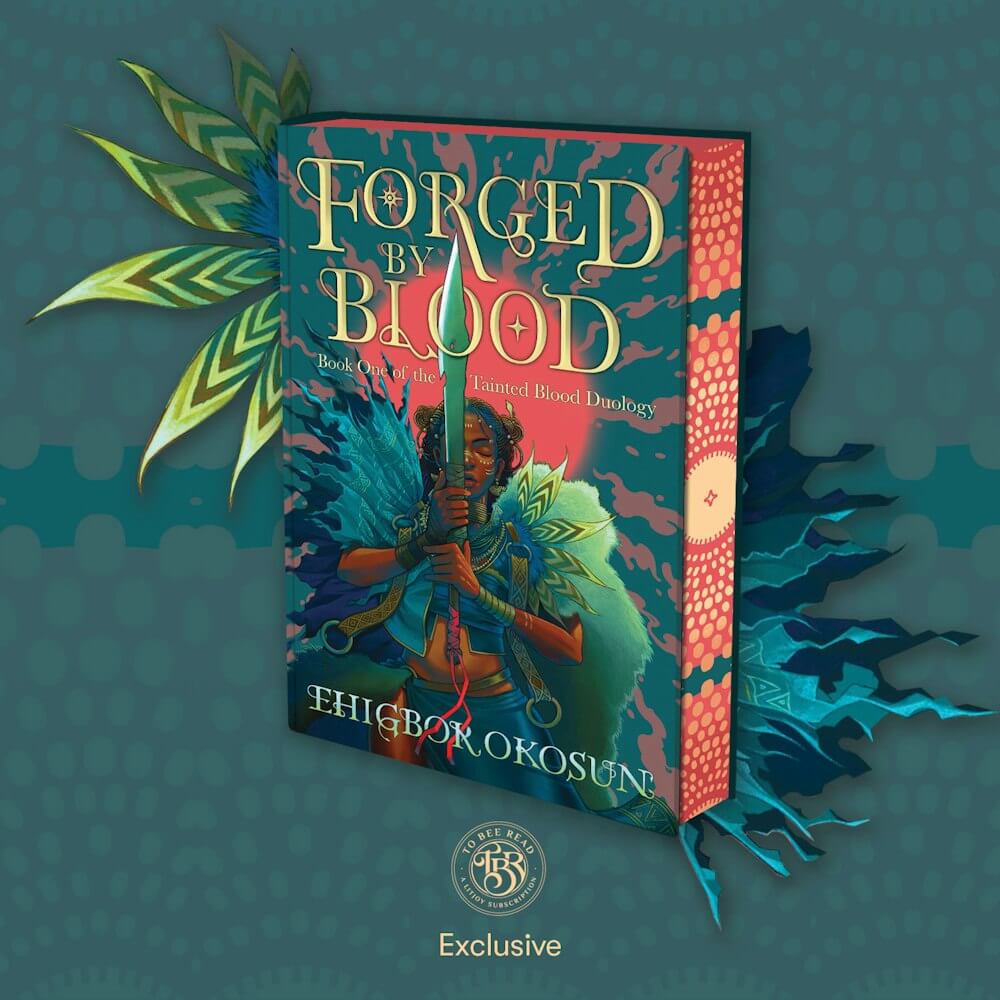 Forged by Blood by Ehigbor Okosun has a black woman holding a sword on a green and peach cover with Nigerian design.