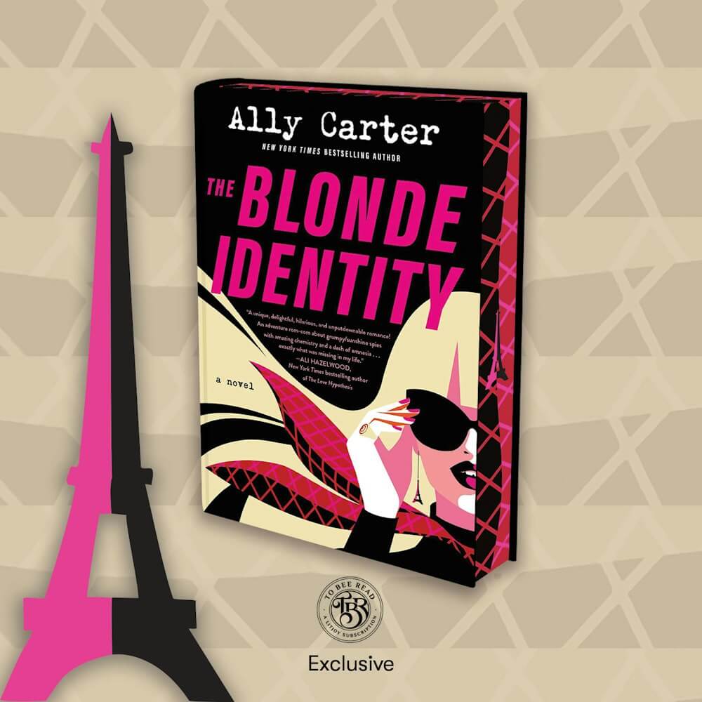The Blonde Identity by Ally Carter is a black and pink book with a blonde woman wearing black sunglasses and a plaid scarf.
