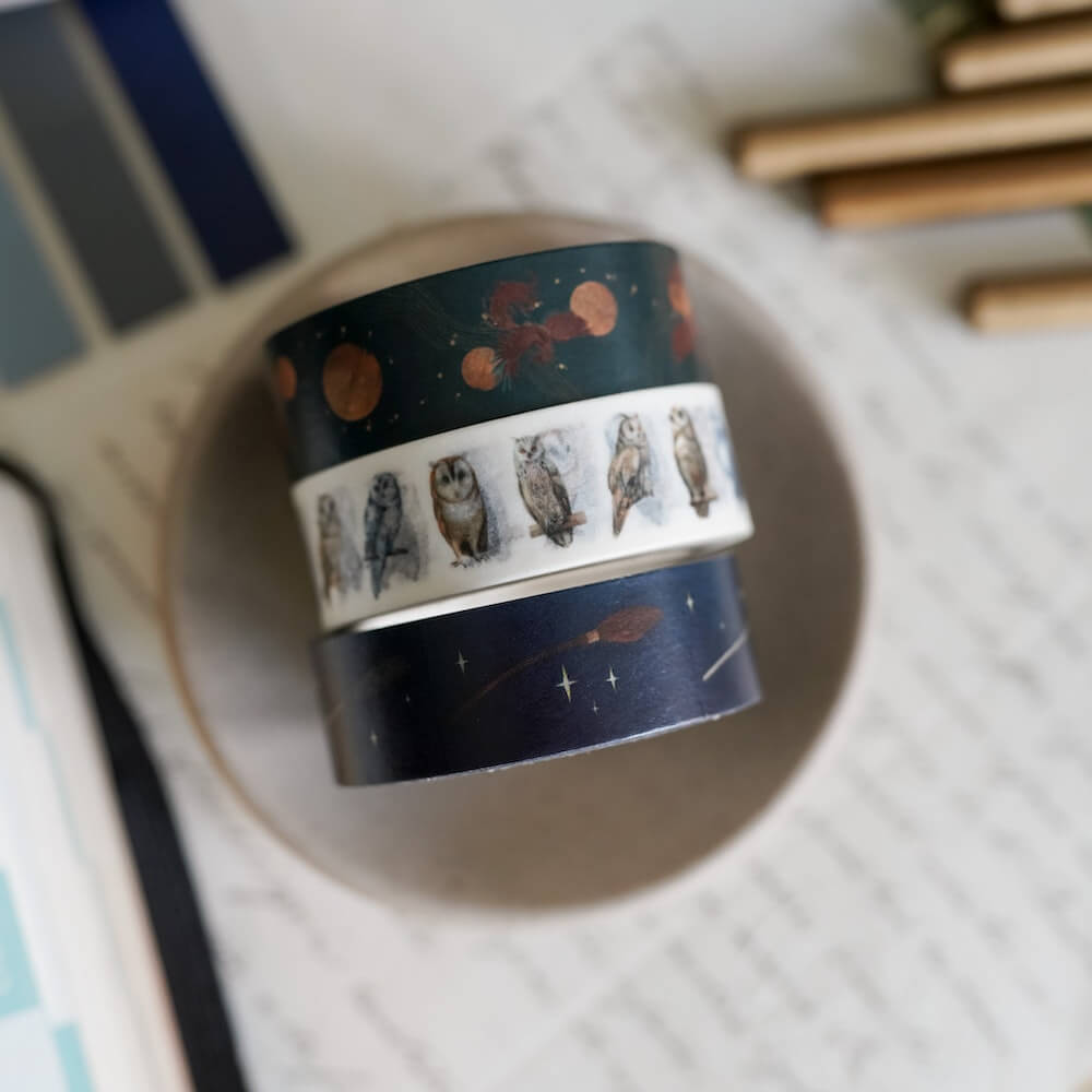 Set of Washi Tape has 3 patterns: dark green with orange phoenixes, navy blue with brooms, and white with owls