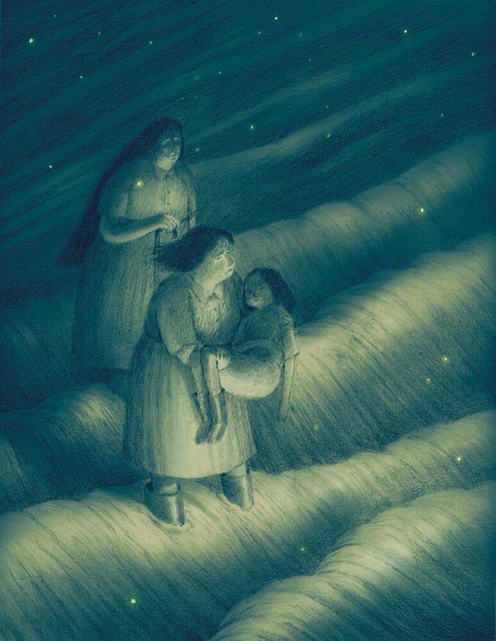 Ginnie Hempstock carries Lettie Hempstock with Old Mrs. Hempstock behind | Nik Henderson Illustration