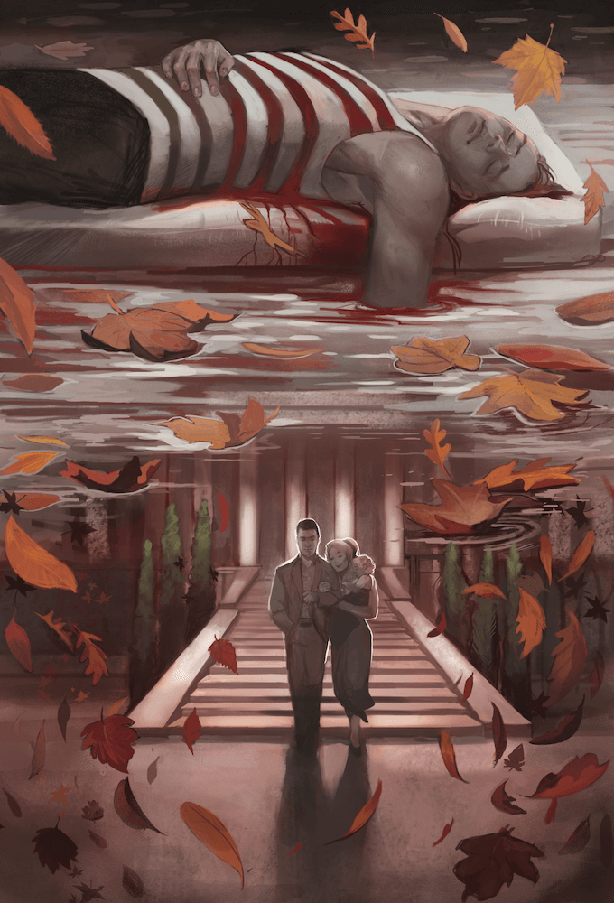 Gatsby lying dead in his pool in the upper half of the image while Tom and Daisy Buchanan are seen together at the bottom of the image. Fall leaves falling over the images.