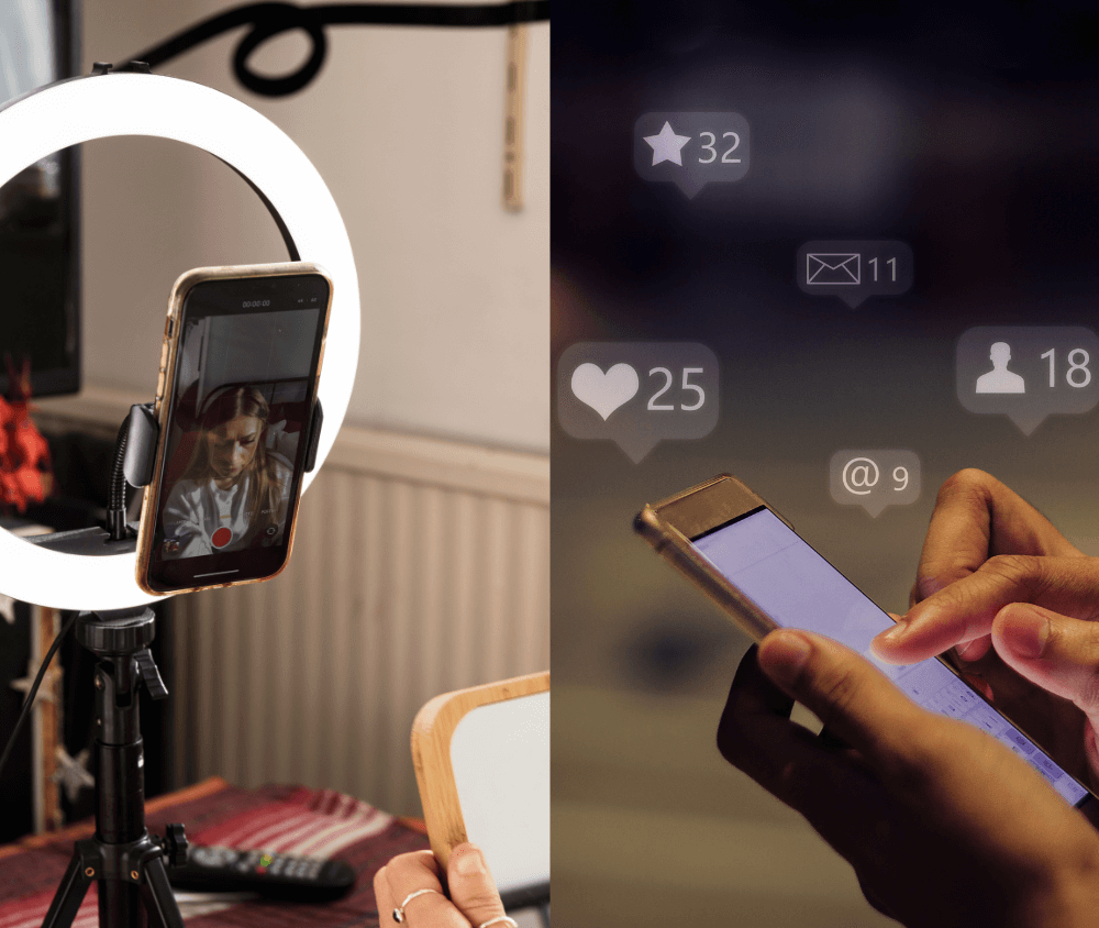A phone with social media notifications and a phone with a ring light recording for BookTok and Bookstagram