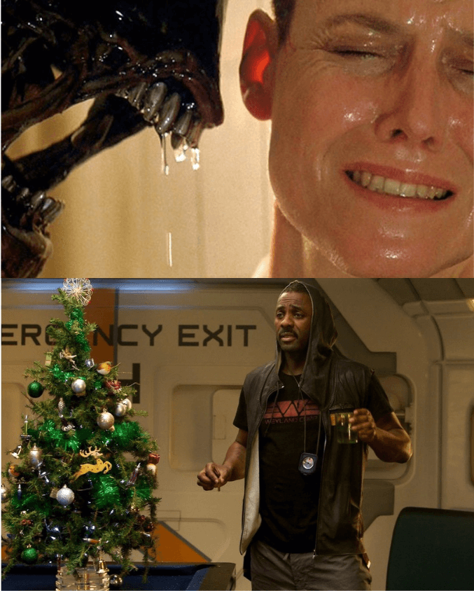 top image: Sigourney Weaver as Ellen Ripley in Alien 1979 with the alien to her left; bottom image: Idris Elba as Captain Janek in Prometheus 2012 decorating a Christmas tree
