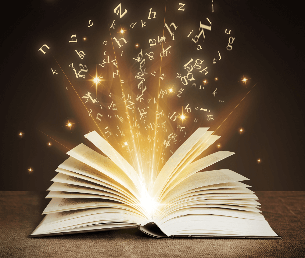 Book opening with light, letters, and bookish acronyms coming out