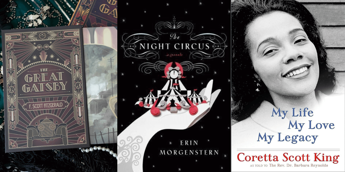 Book covers The Great Gatsby; The Night Circus; My Life, My Love, My Legacy