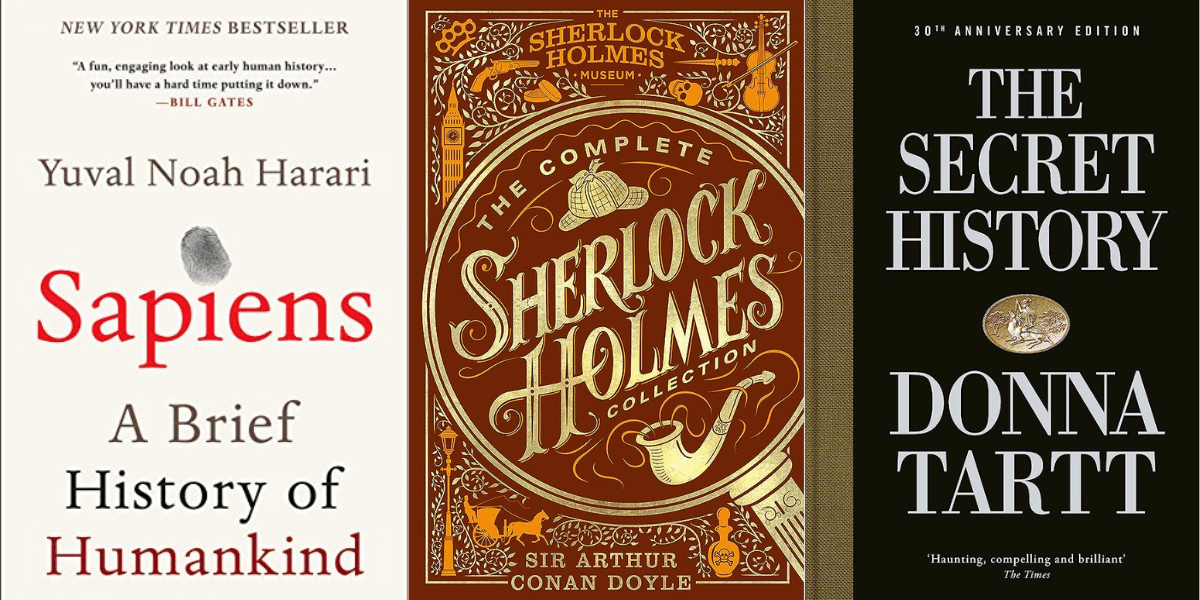 Book covers: Sapiens, The Complete Sherlock Holmes, and The Secret History
