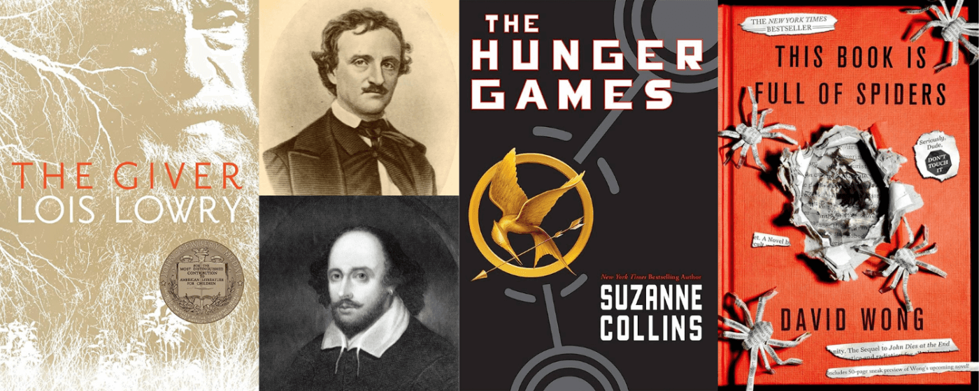 The Giver cover, Shakespeare and Poe portraits, The Hunger Games cover, This Book Is Full of Spiders by Jason Pargin book cover