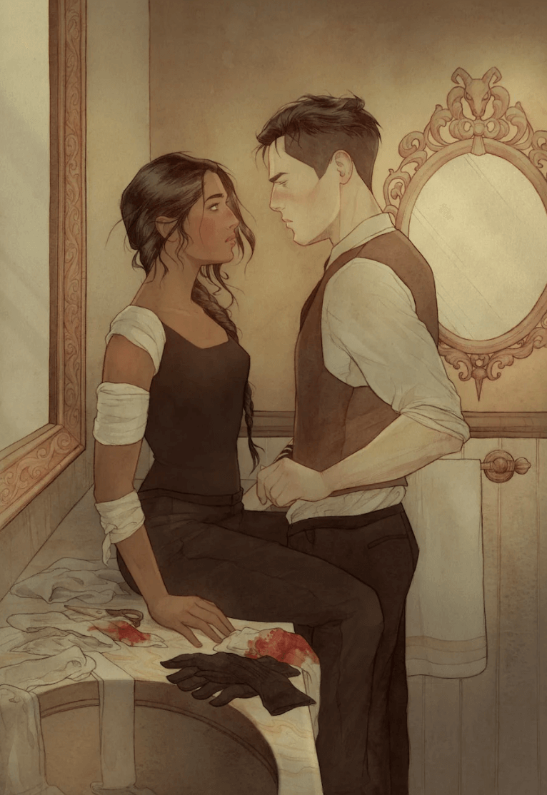 Kaz and Inej from Crooked Kingdom standing close together with bandages