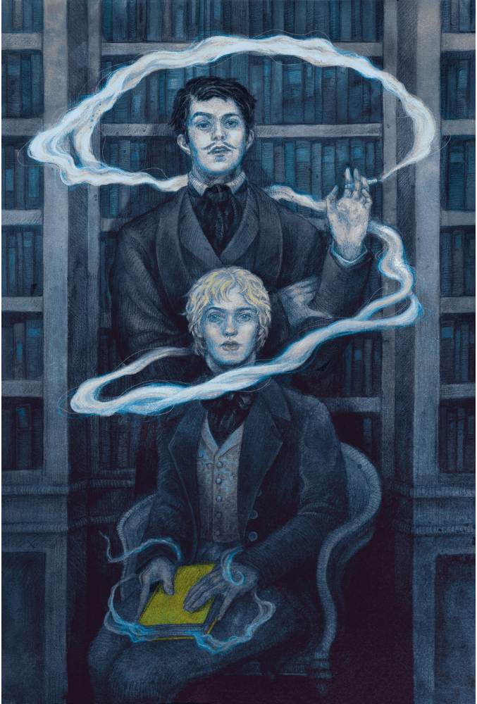 Dorian Gray and Lord Henry in a study with smoke wrapping around them. Dorian is holding the yellow book Lord Henry loans him.