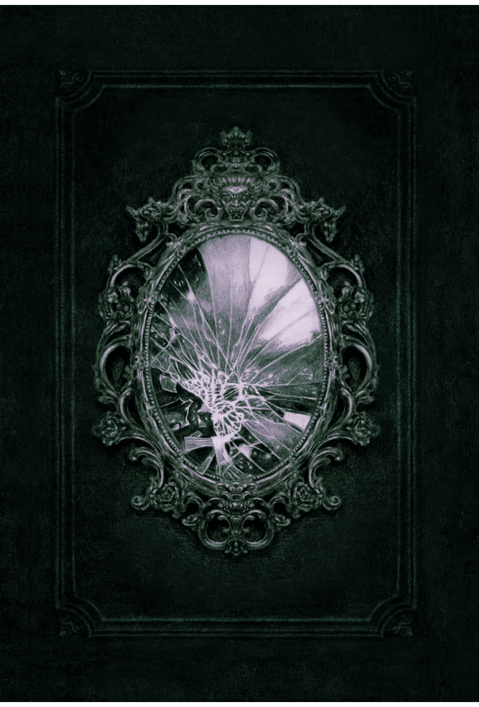 ornate broken window on black background