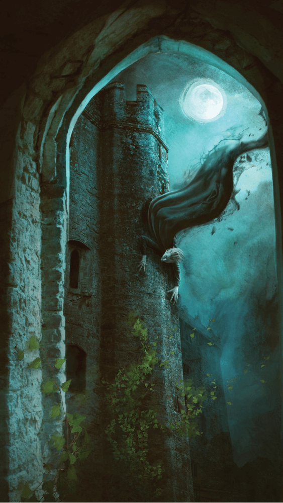 Dracula climbing down the walls of his castle in the moonlight