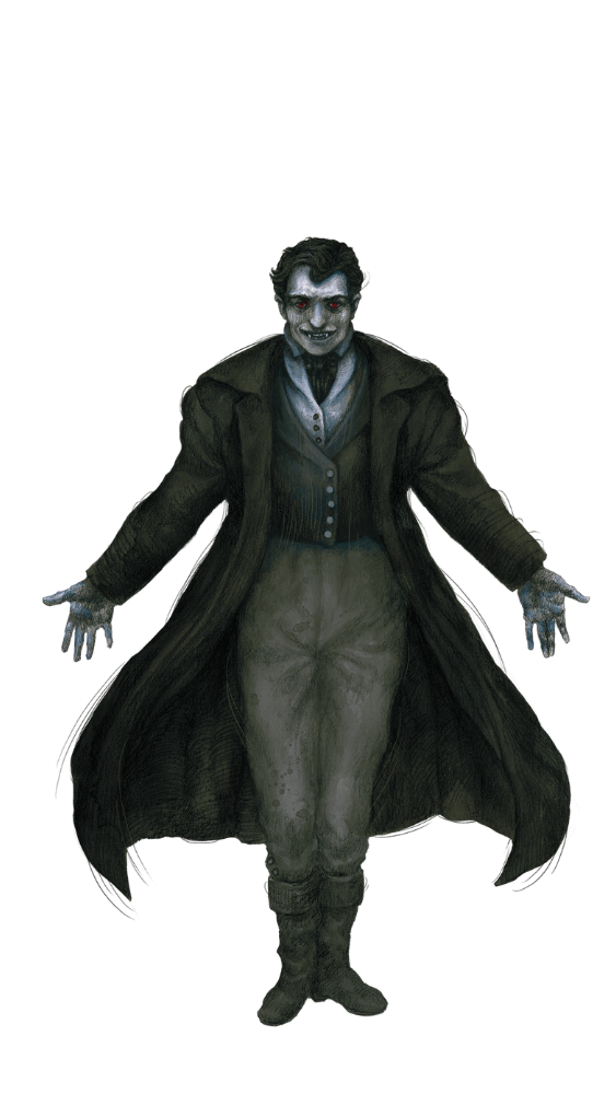 Dracula standing with arm out to his sides, palms facing forward, his tuxedo coat billowing behind him. His eyes blood red and peering.