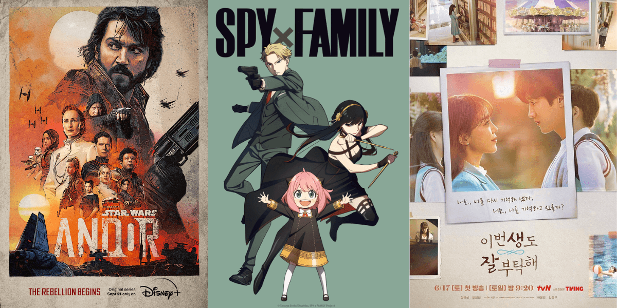 Series images for Andor, Spy x Family, and See You in My 19th Life