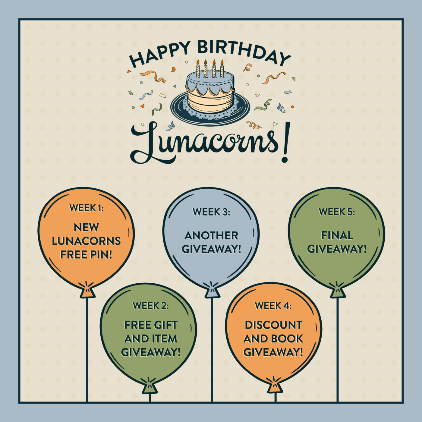 5 balloons. Each balloon tells the Lunacorn birthday promo for each week of Lunacorns Birthday Month