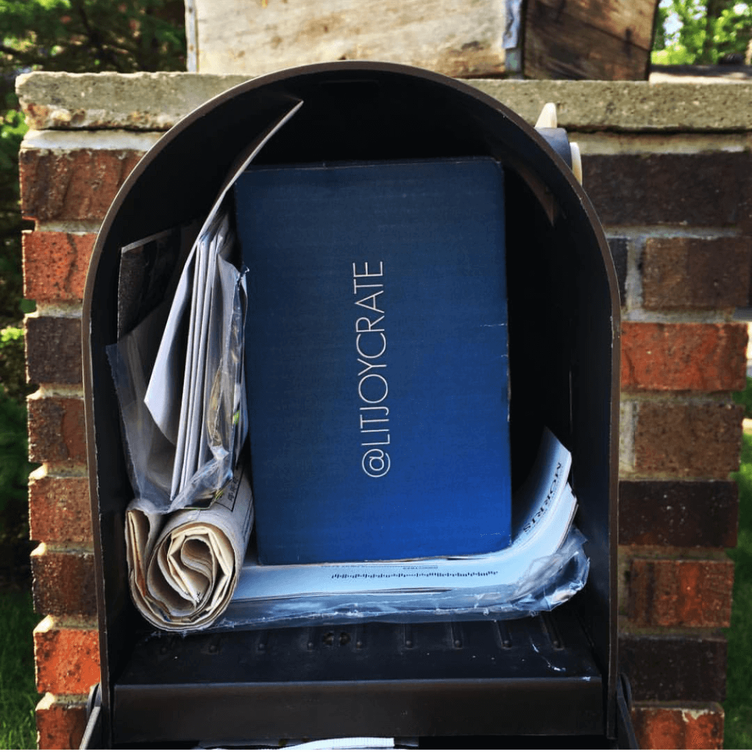 One of the first LitJoy Crate boxes in a mailbox surrounded by mail