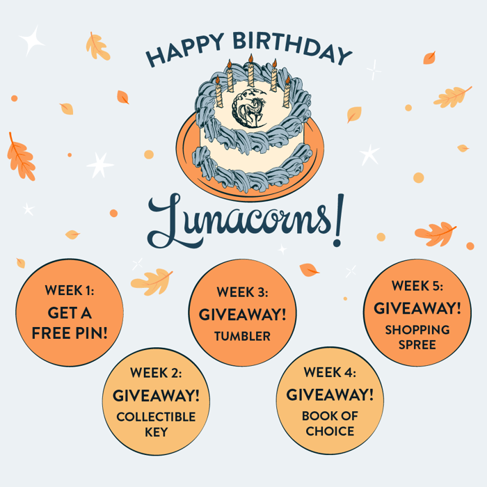 Happy Lunacorn Birthday Month! Each week's giveaway appears on a bubble in the image.